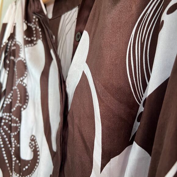 Bebe XS Brown Floral SILK Blend Henley Blouse 1/2 Balloon Sleeve Slim Fit - Picture 4 of 8